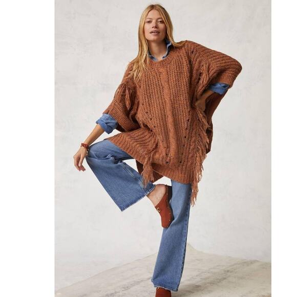 New Anthropologie Marled Fringe Poncho $120 ONESIZE Bronze Knit Frontier - Picture 1 of 5